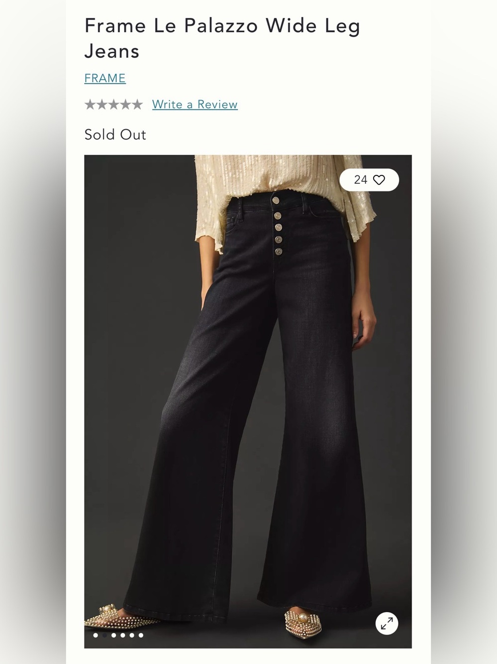 FRAME Le Palazzo Wide Leg Exposed Button Fly Jeans Women’s 26 Flared Black $268